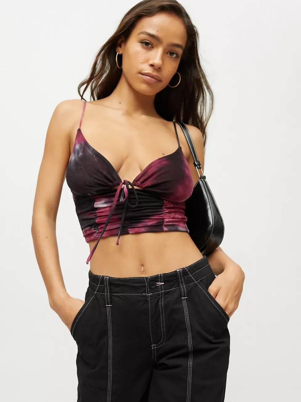 Urban Outfitters Size Large Tie-Dye Ruched Crop Cami - Burgundy/Black